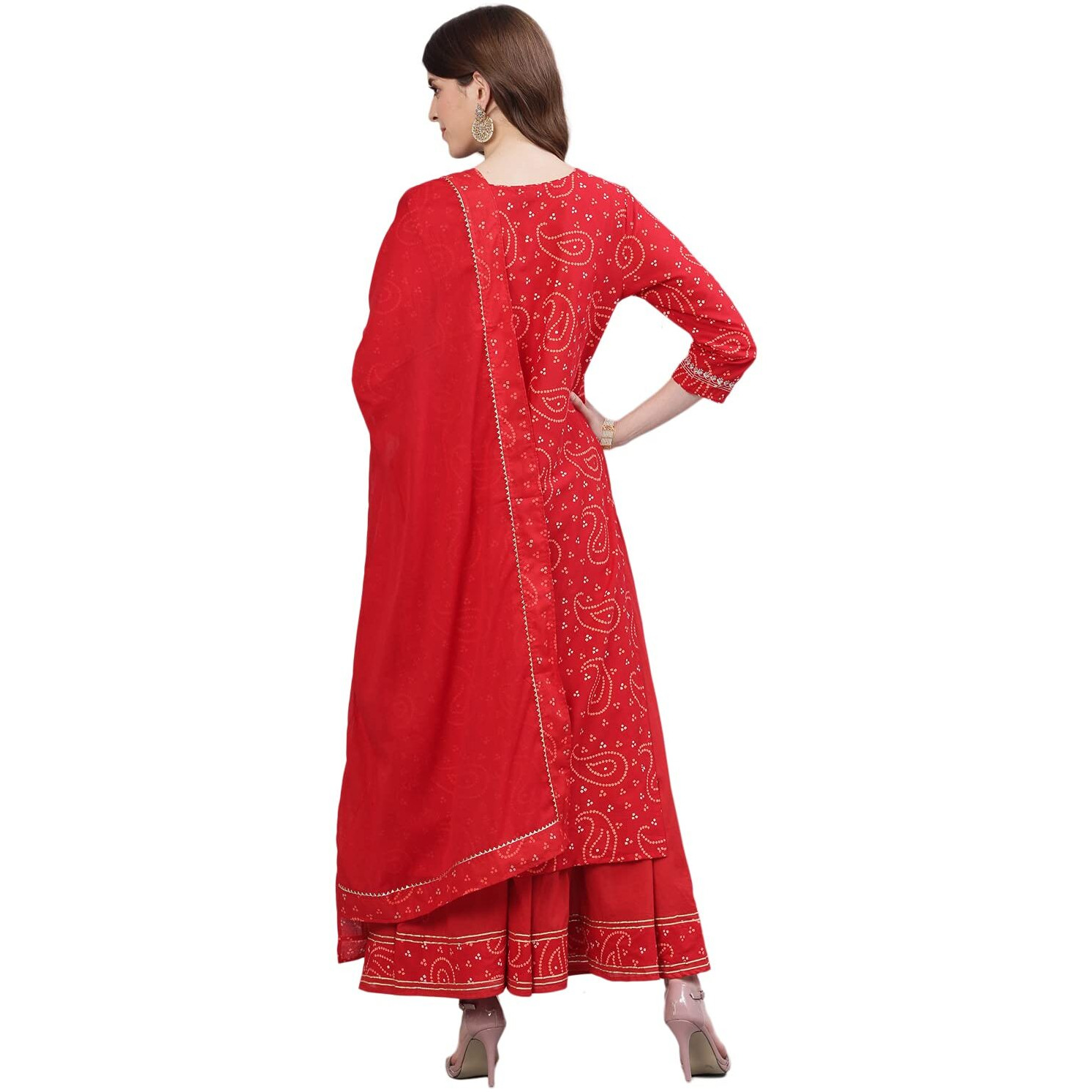 Ishin Women's Red Bandhani Embroidered Straight Kurta Sharara Dupattta Set
