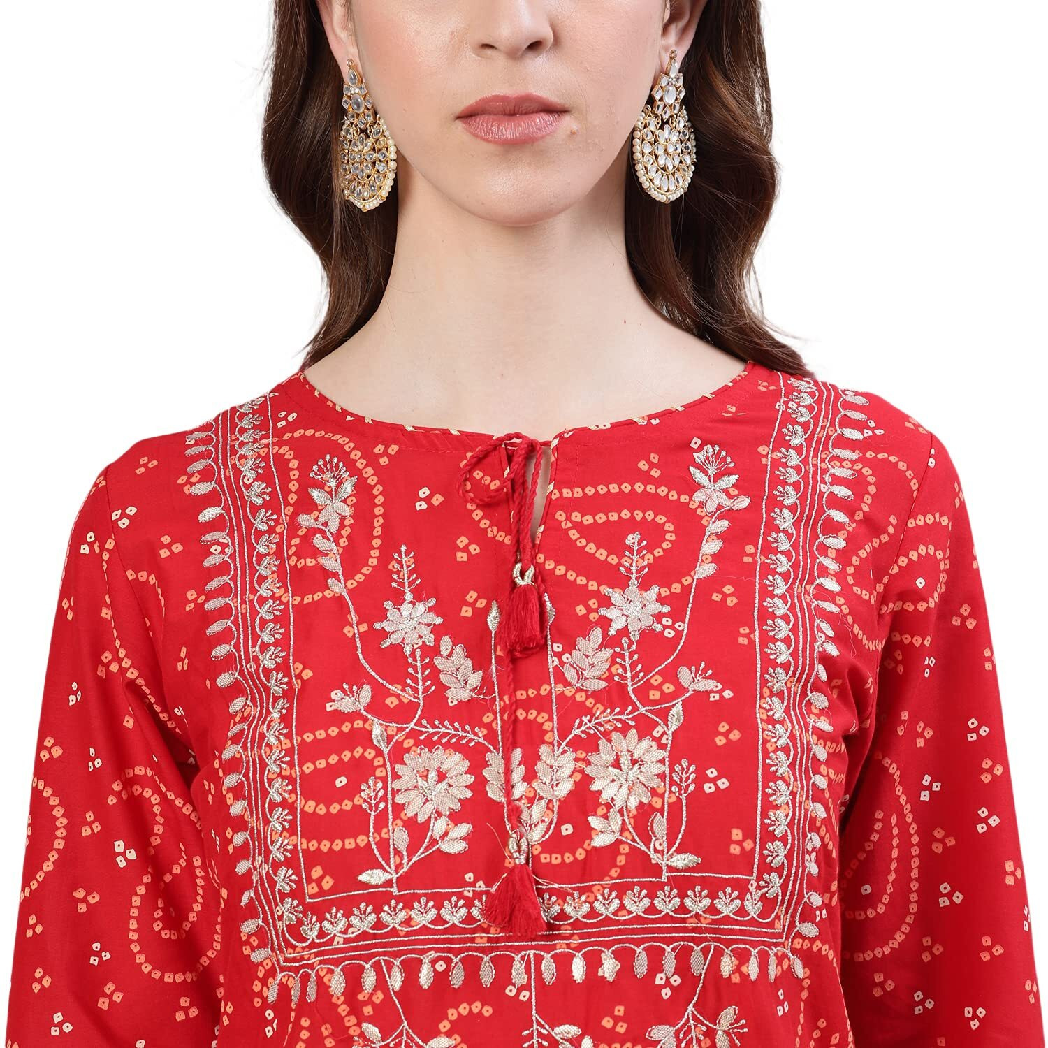 Ishin Women's Red Bandhani Embroidered Straight Kurta Sharara Dupattta Set
