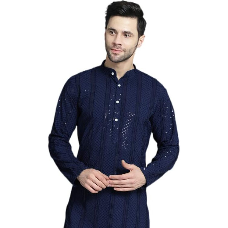 Jompers Men's Navy Sequins Chikankari Embroidered Kurtas (Navy, Xl)
