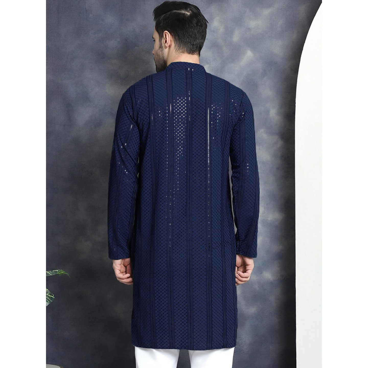 Jompers Men's Navy Sequins Chikankari Embroidered Kurtas (Navy, Xl)