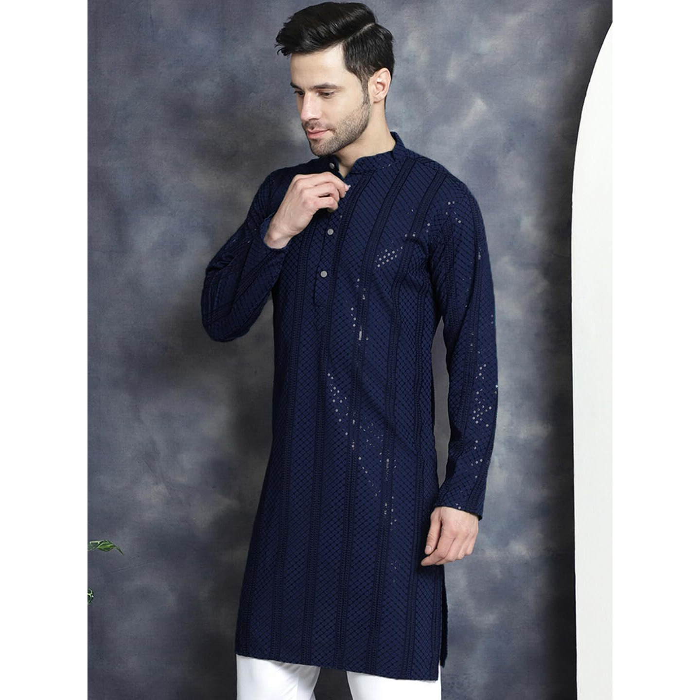 Jompers Men's Navy Sequins Chikankari Embroidered Kurtas (Navy, Xl)
