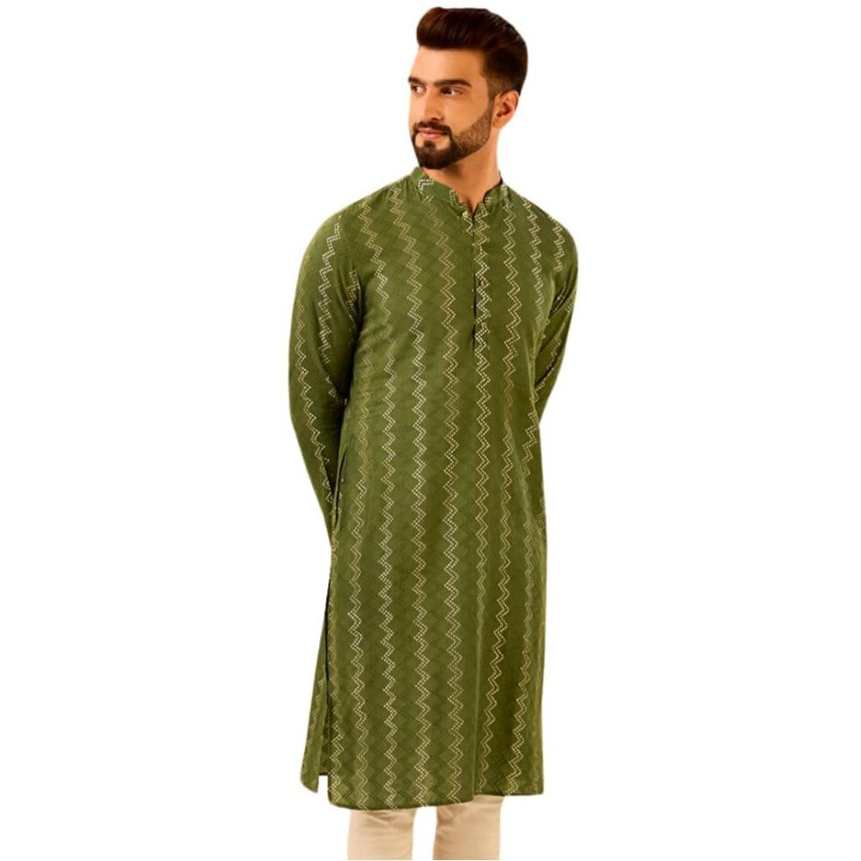 Kisah Men's Kurta, Olive Cotton, Chevron Regular Fit Mandarin Collar Long Sleeves (S)