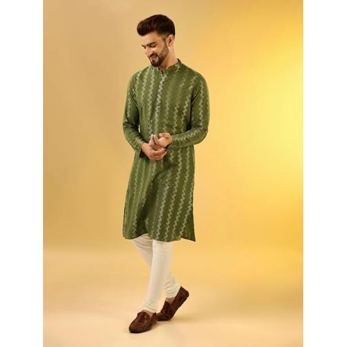 Kisah Men's Kurta, Olive Cotton, Chevron Regular Fit Mandarin Collar Long Sleeves (S)