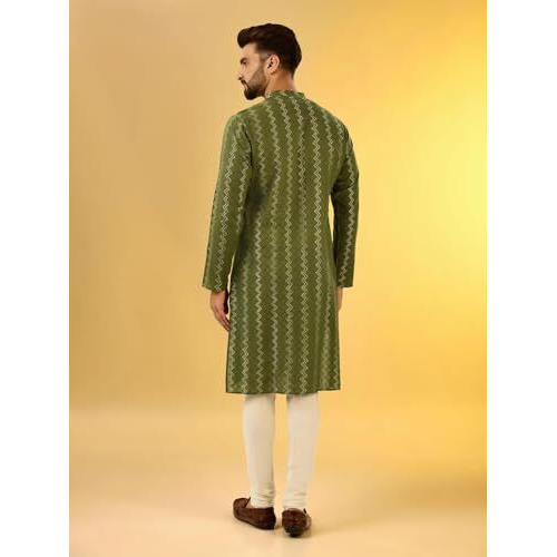 Kisah Men's Kurta, Olive Cotton, Chevron Regular Fit Mandarin Collar Long Sleeves (S)