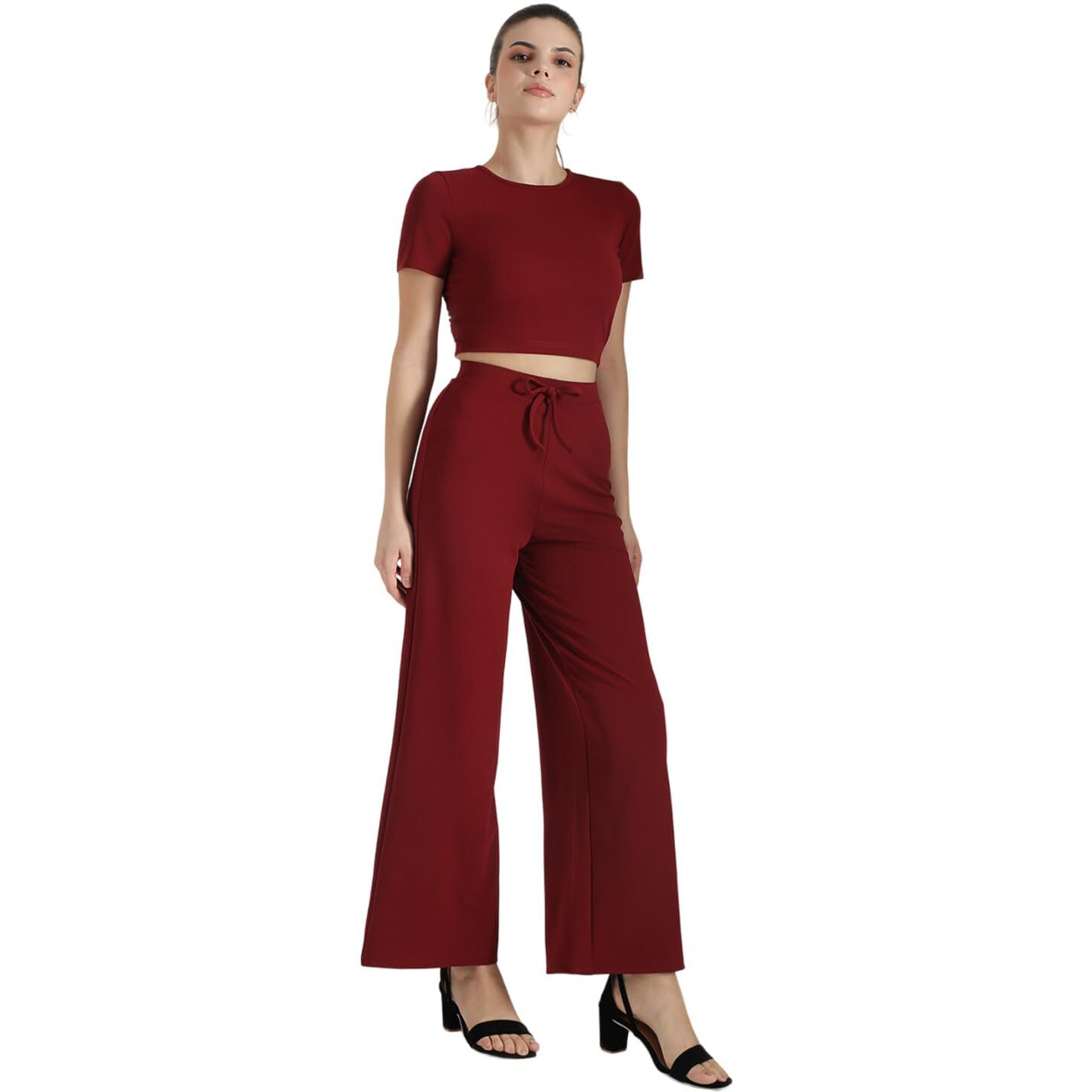 Kotty Women's Maroon Round-Neck Crop Top And Wide Leg Pant(Maroon,L)