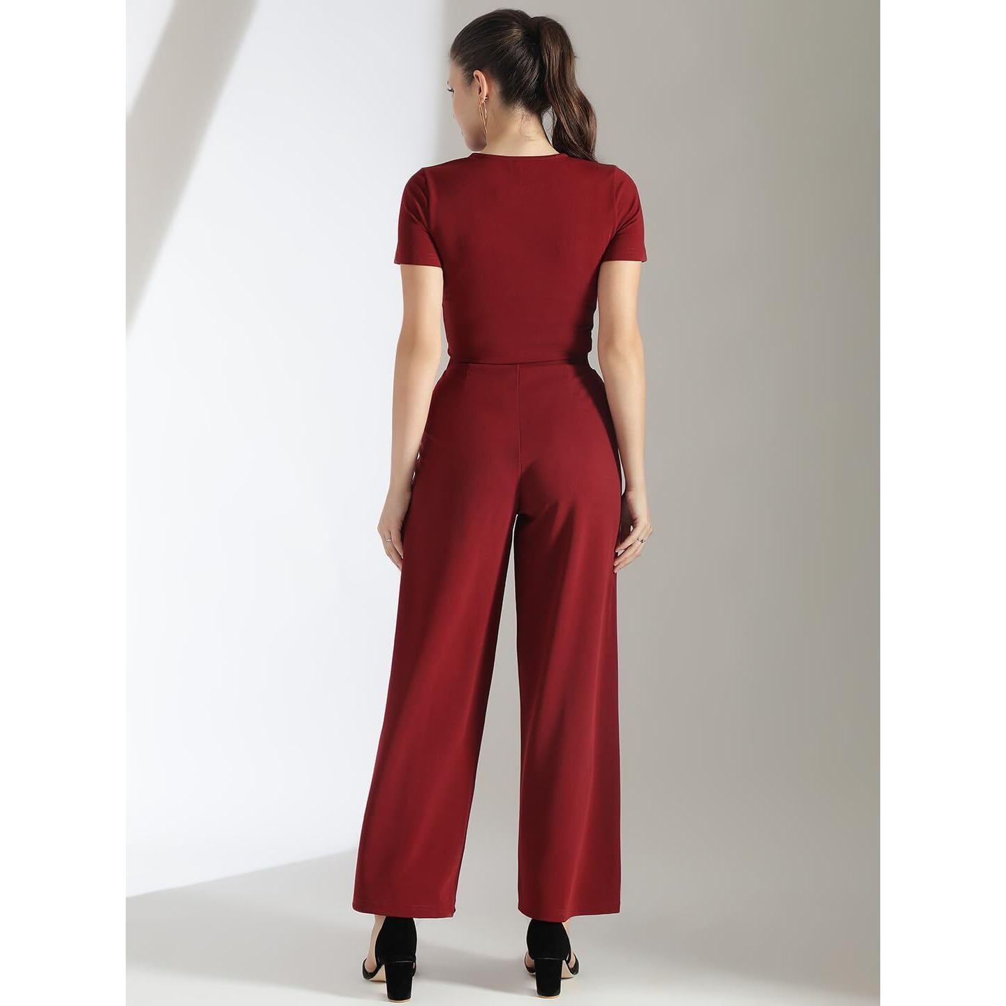 Kotty Women's Maroon Round-Neck Crop Top And Wide Leg Pant(Maroon,L)