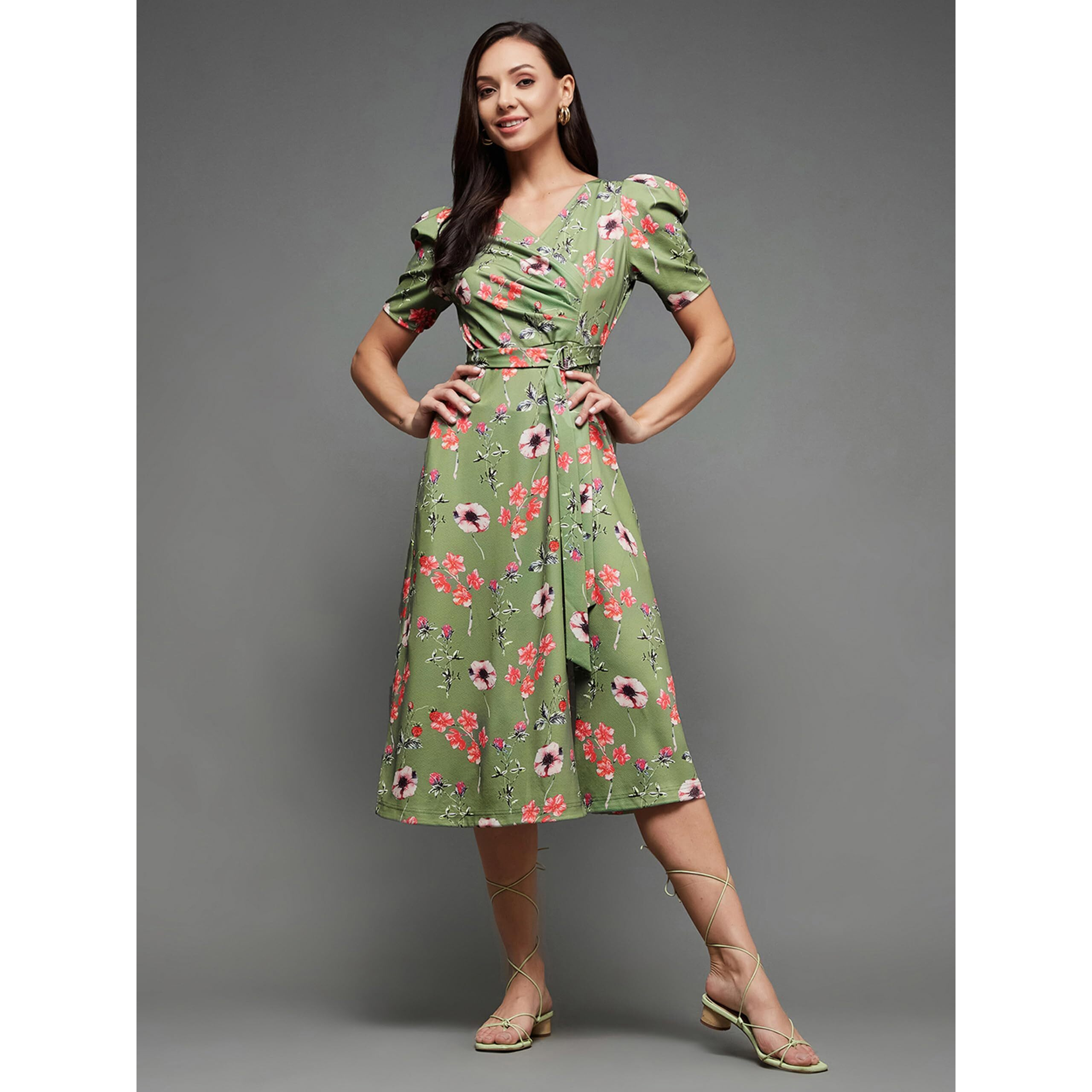 Miss Chase Women's Multicolored-Base-Green V-Neck Pleated Puff Sleeve Floral Wrap Midi Polyester Dress (Mcaw21D14-84-166-02, Multicolored-Base-Green, Xs)