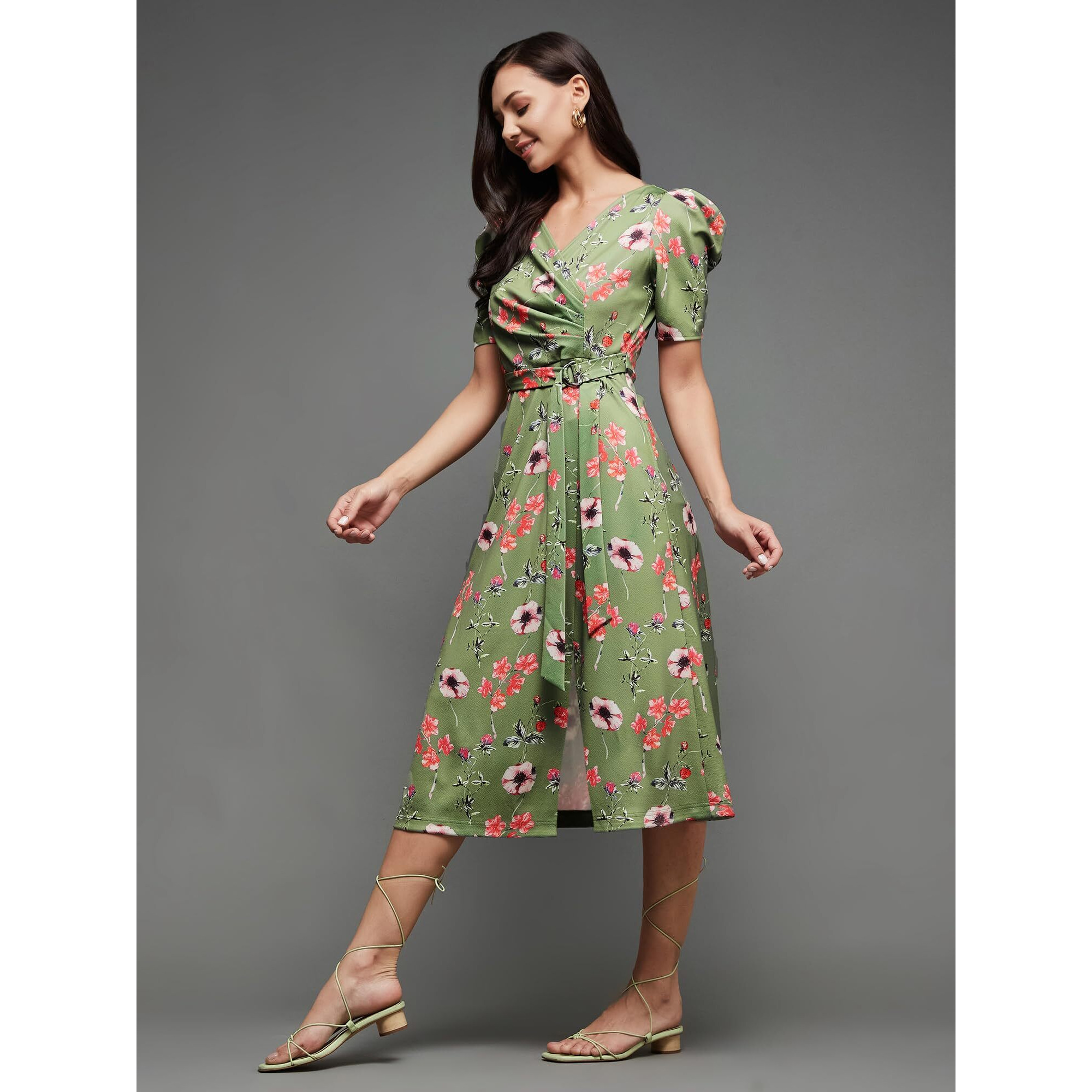 Miss Chase Women's Multicolored-Base-Green V-Neck Pleated Puff Sleeve Floral Wrap Midi Polyester Dress (Mcaw21D14-84-166-02, Multicolored-Base-Green, Xs)