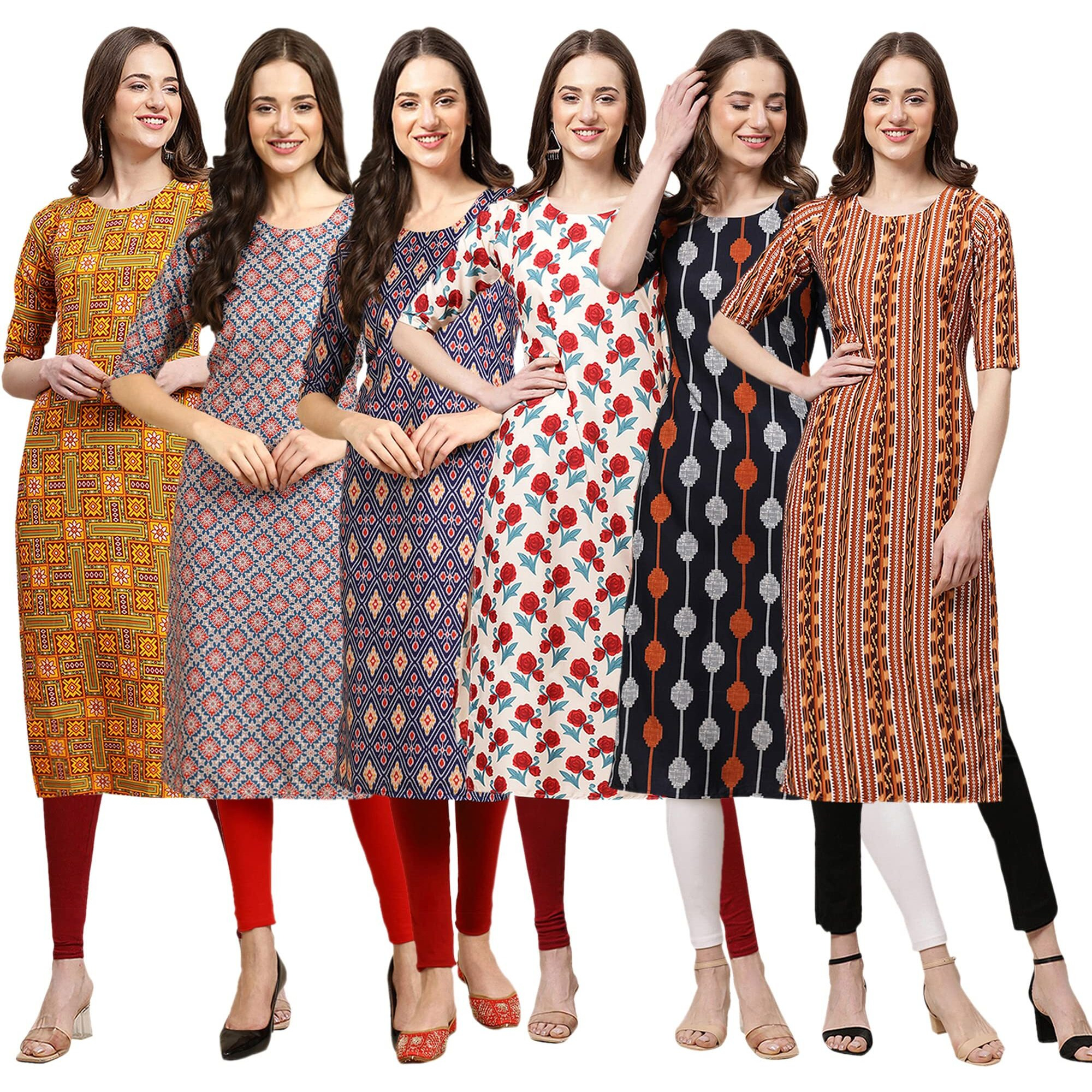 Pinkmint Women's Crepe Digital Print Straight Kurta(Pack Of 6)[Qv-333-372-358-342-330-344-S]