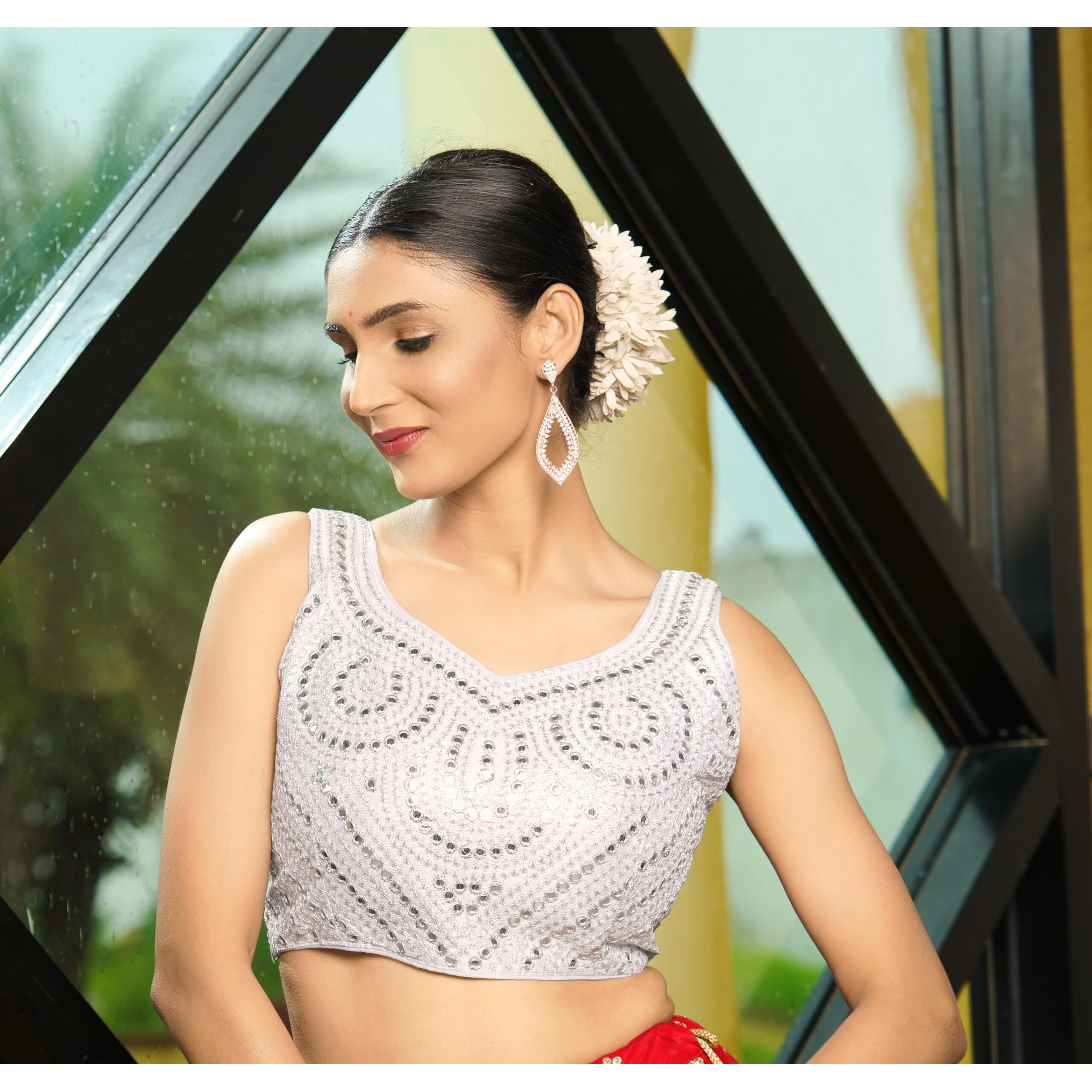 Pujia Mills Fancy Women's Foil Mirror And Thread Zari Work Sweetheart Neck Silk Sleeveless Blouse (Pc Bindi Foil Parent) (White-Silver Zari, 36)