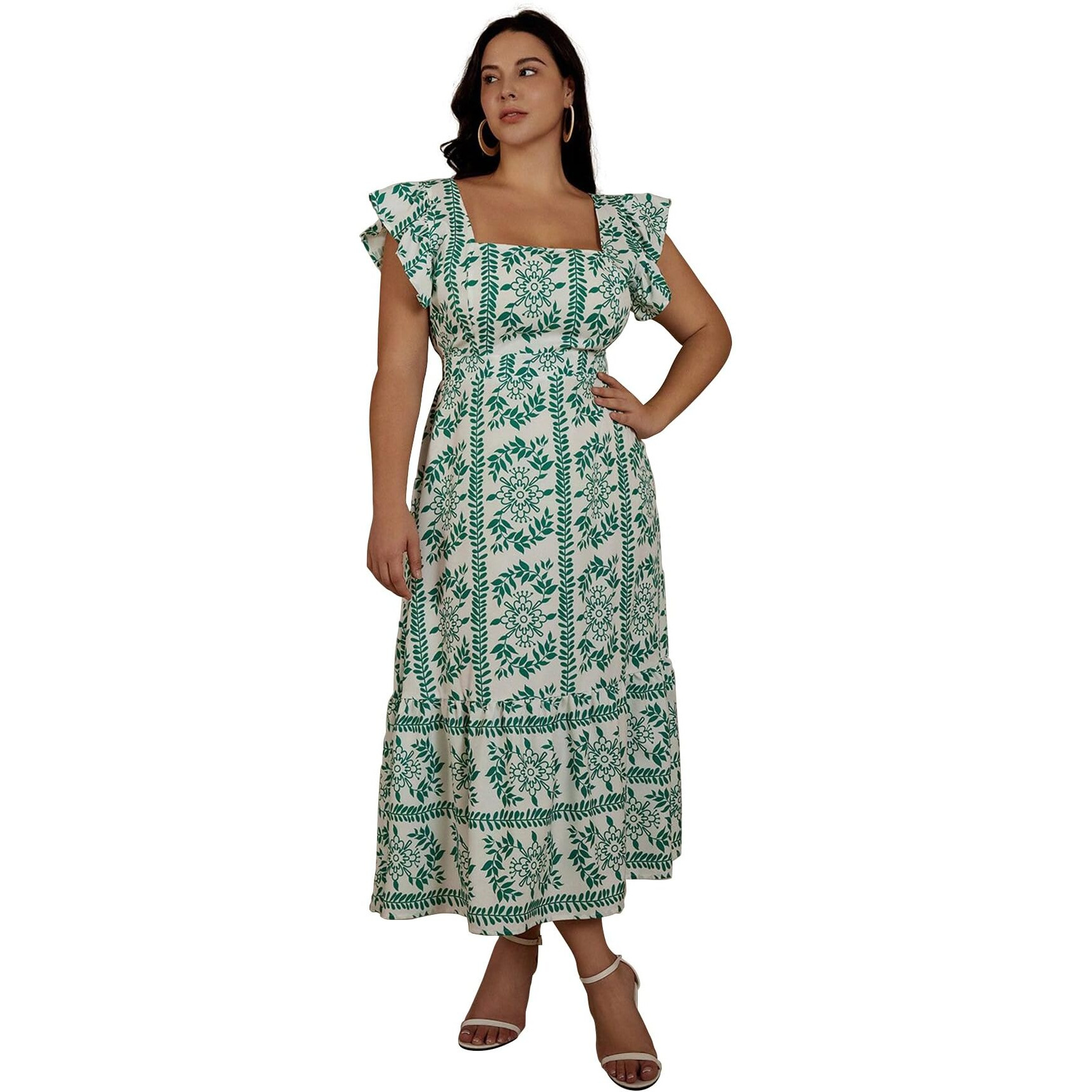 Shasmi Girl's & Women's White And Green Boho Random Print Casual Vacation Ruffled Square Neck Short Sleeve Summer Dresses With All Over Print Maxi, Dress For Women Elegant (Dress 229 Green-M)