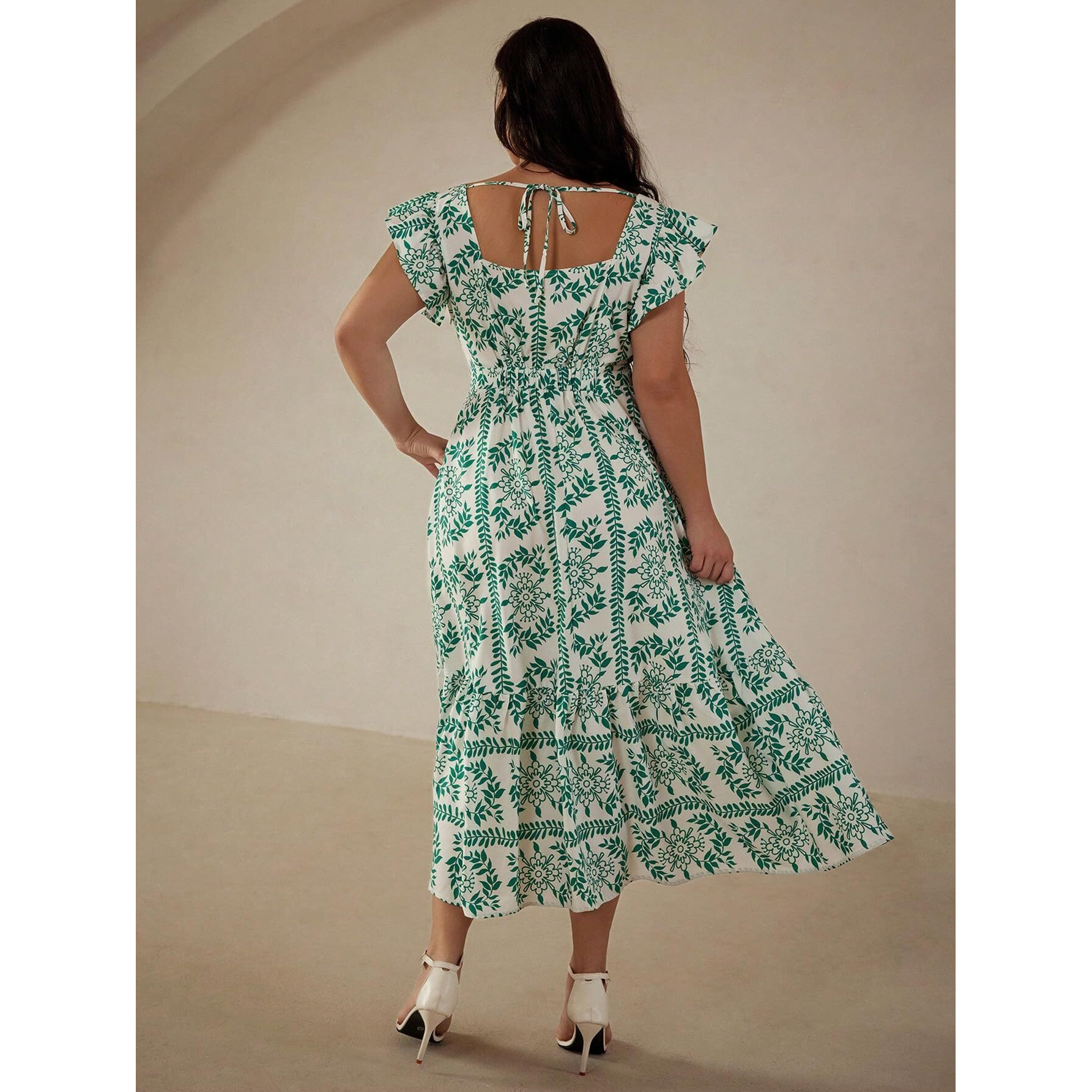 Shasmi Girl's & Women's White And Green Boho Random Print Casual Vacation Ruffled Square Neck Short Sleeve Summer Dresses With All Over Print Maxi, Dress For Women Elegant (Dress 229 Green-M)