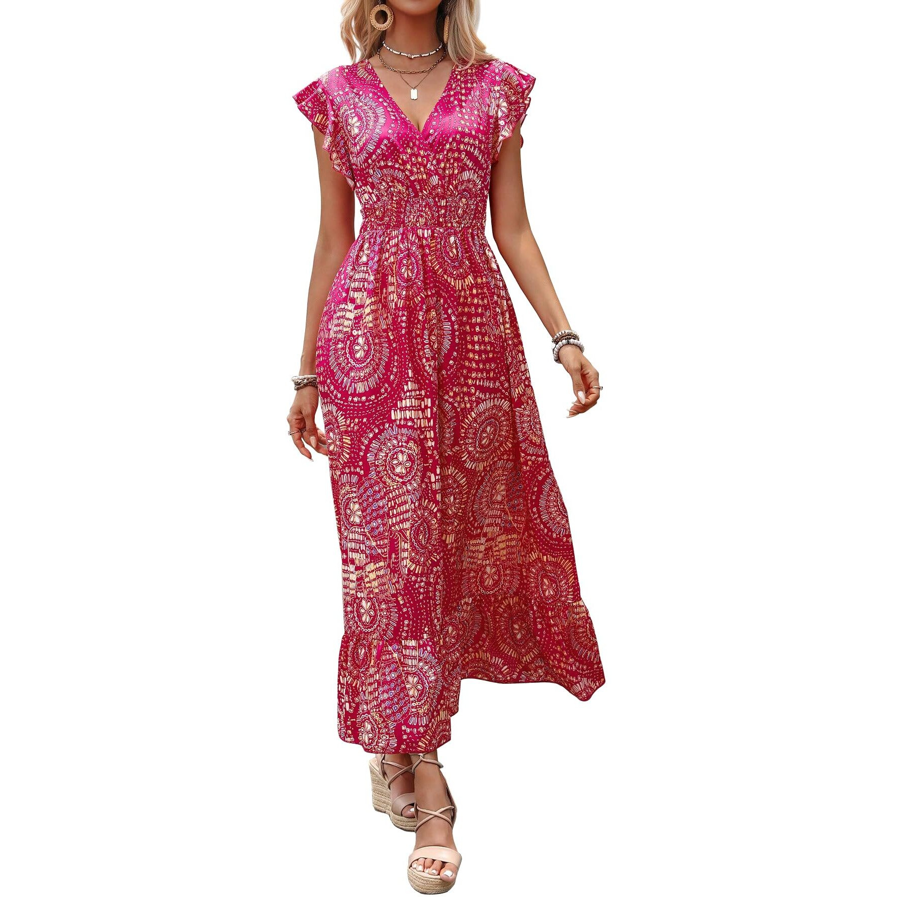Shasmi Women's & Girl's Boho Hot Pink V-Neck Printed Dress With Ruffled Hem And Belted Waist For Vacation, One Piece Maxi For Women's Casual Dresses (Dress 140 Boho Hot Pink-M)
