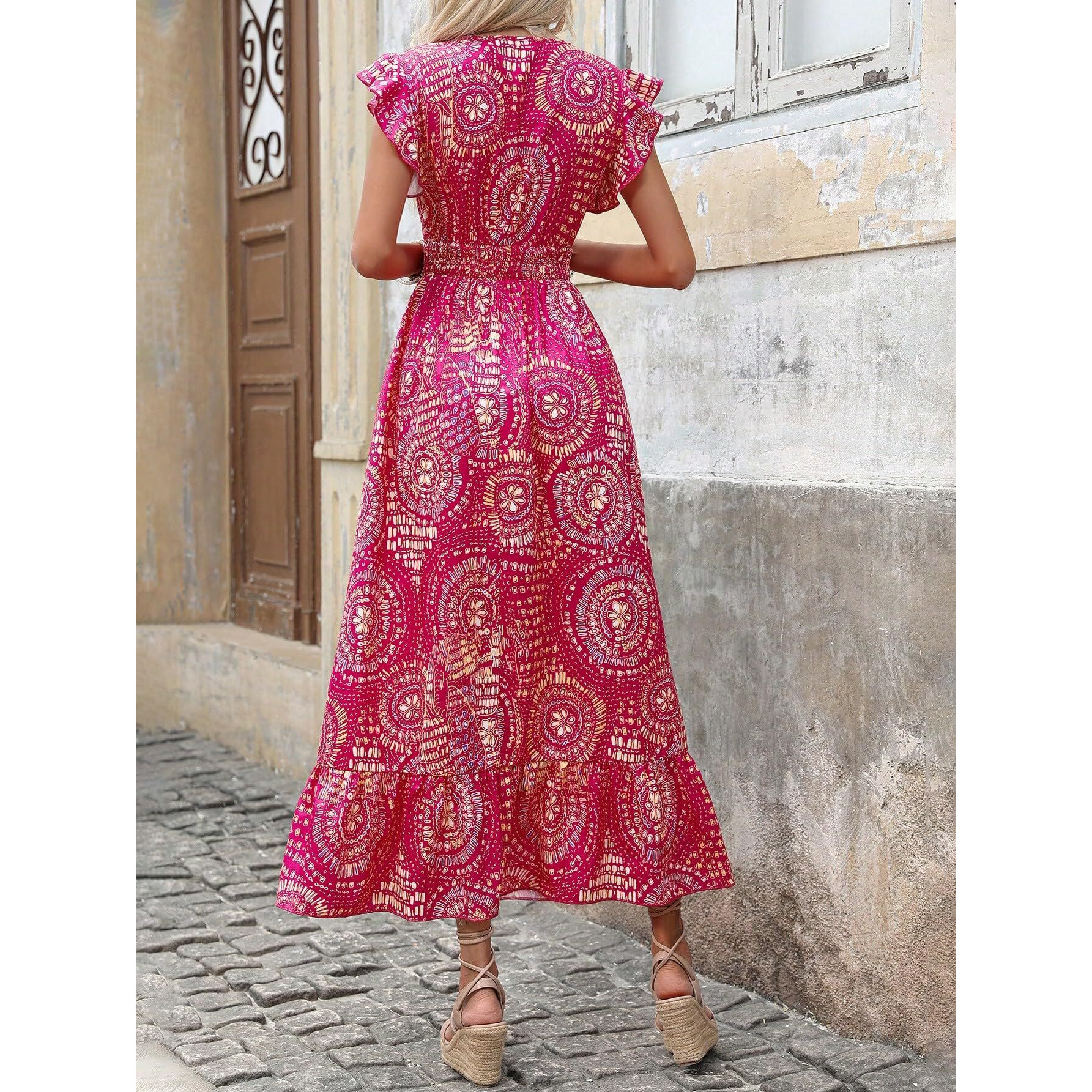 Shasmi Women's & Girl's Boho Hot Pink V-Neck Printed Dress With Ruffled Hem And Belted Waist For Vacation, One Piece Maxi For Women's Casual Dresses (Dress 140 Boho Hot Pink-M)