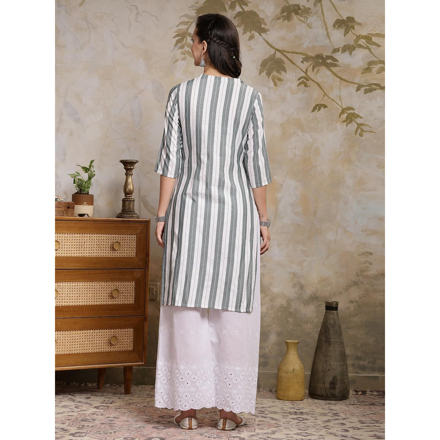 Stylum Women's Self Designed Cotton Blend Straight Kurta (Urvashi38_Grey, M)