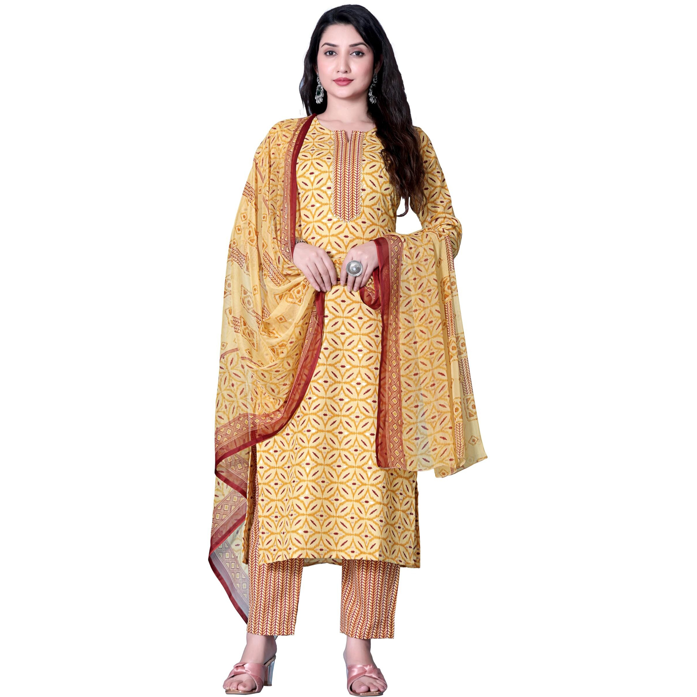 Tadkee Women's Cotton Blend Geometric Regular Kurta Set (Fn-Kurta-Set-Dupatta-136-Yellow-S_Yellow