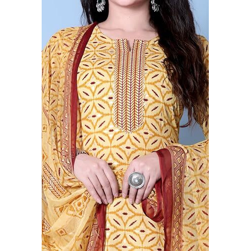 Tadkee Women's Cotton Blend Geometric Regular Kurta Set (Fn-Kurta-Set-Dupatta-136-Yellow-S_Yellow