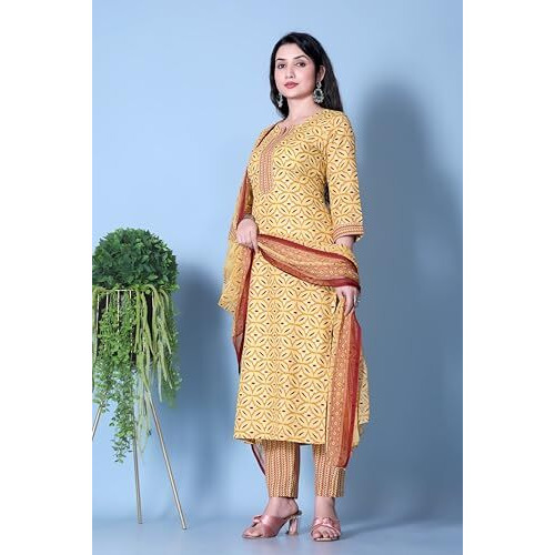 Tadkee Women's Cotton Blend Geometric Regular Kurta Set (Fn-Kurta-Set-Dupatta-136-Yellow-S_Yellow