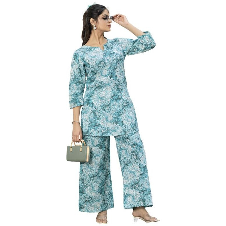 Tee Projekt Cotton Ethnic Wear Co Ord Set For Women | Festive Co Ord Set For Women Sky Blue