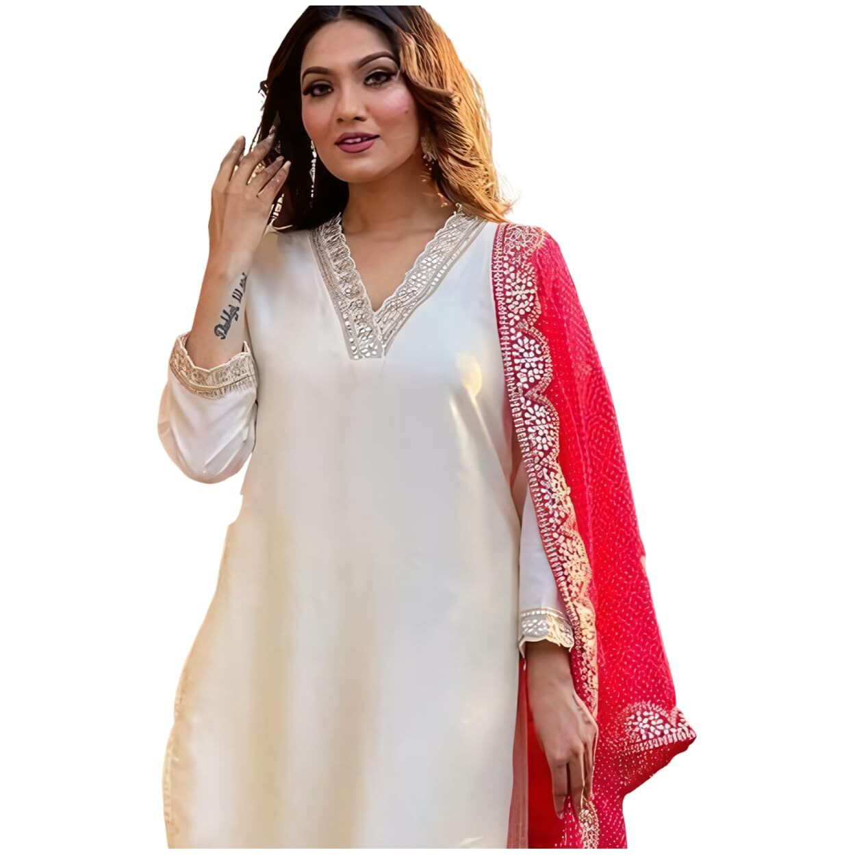 Shiv Textiles Women's Chanderi Silk Embroidered Kurta Pant Dupatta Set(Jda-Panchhi-Offwhite-L)