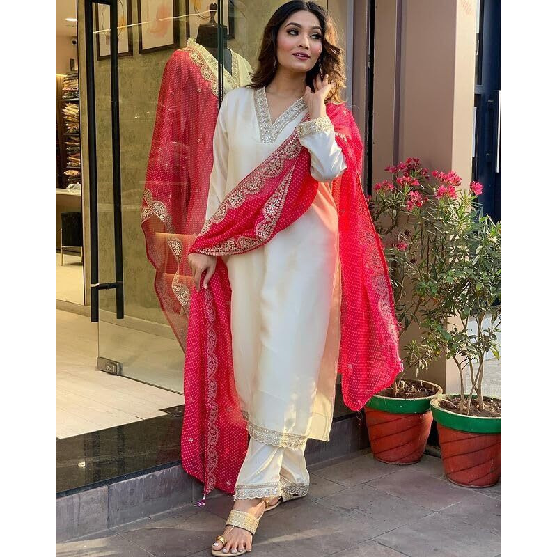 Shiv Textiles Women's Chanderi Silk Embroidered Kurta Pant Dupatta Set(Jda-Panchhi-Offwhite-L)