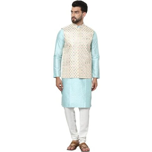 Sojanya (Since 1958 Men's Silk Blend Printed Sky Blue Kurta And Cream Pyjama With Designer Cream Nehru Jacket