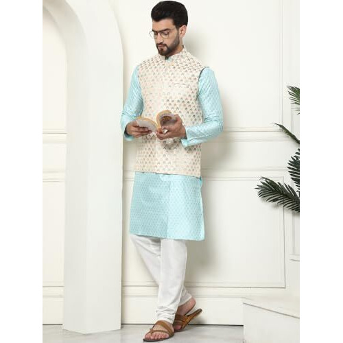 Sojanya (Since 1958 Men's Silk Blend Printed Sky Blue Kurta And Cream Pyjama With Designer Cream Nehru Jacket