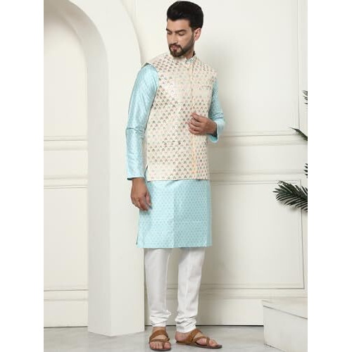 Sojanya (Since 1958 Men's Silk Blend Printed Sky Blue Kurta And Cream Pyjama With Designer Cream Nehru Jacket