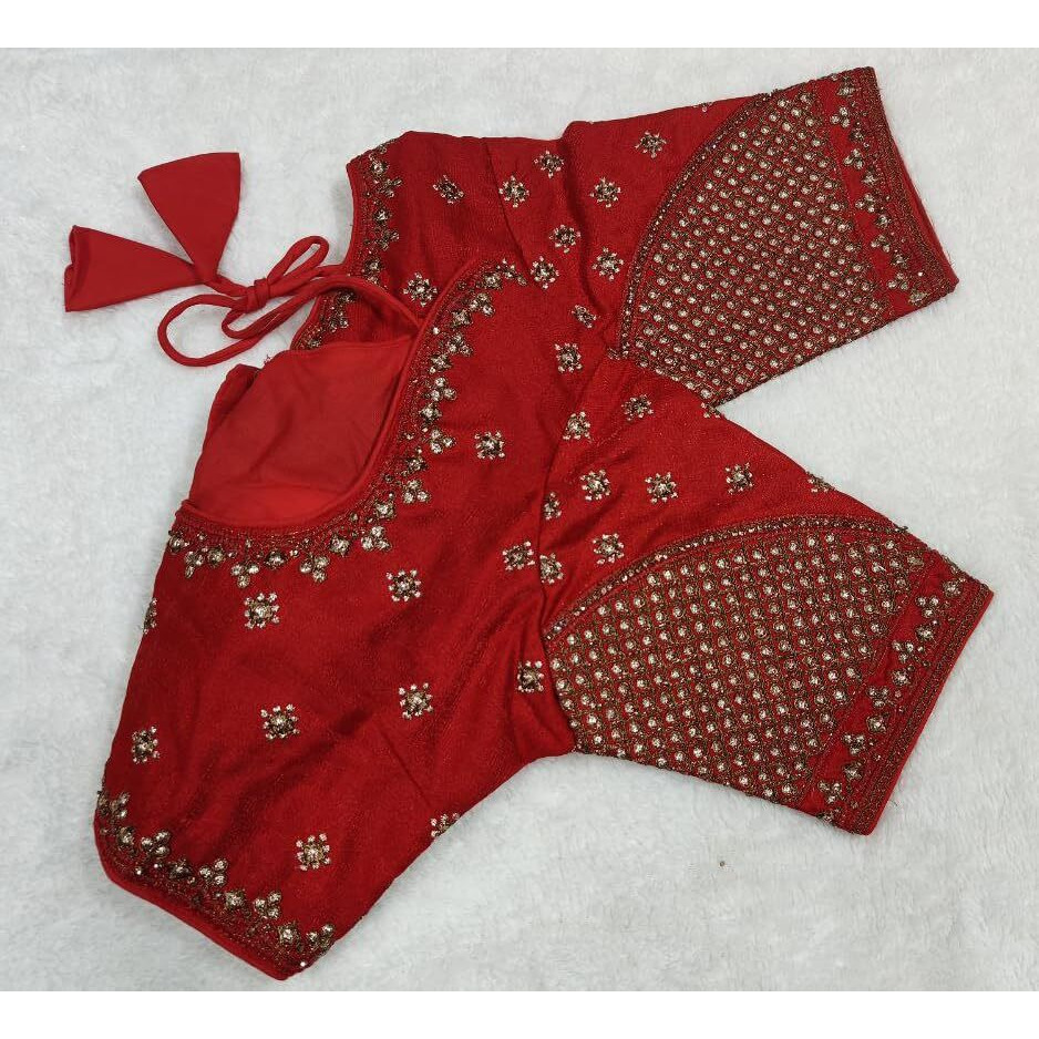 Vihu Fashion Women's Readymade Blouse Multi Golden Codding Sequence Embroidery Work Indian Ethnic Designer Stitched Readymade Saree Half Sleeve Red Blouse For Women For Saree Lehenga Choli