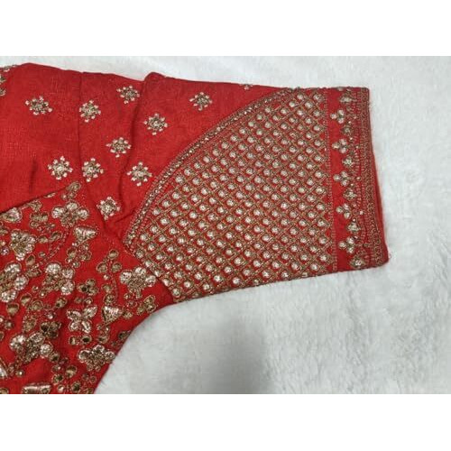 Vihu Fashion Women's Readymade Blouse Multi Golden Codding Sequence Embroidery Work Indian Ethnic Designer Stitched Readymade Saree Half Sleeve Red Blouse For Women For Saree Lehenga Choli