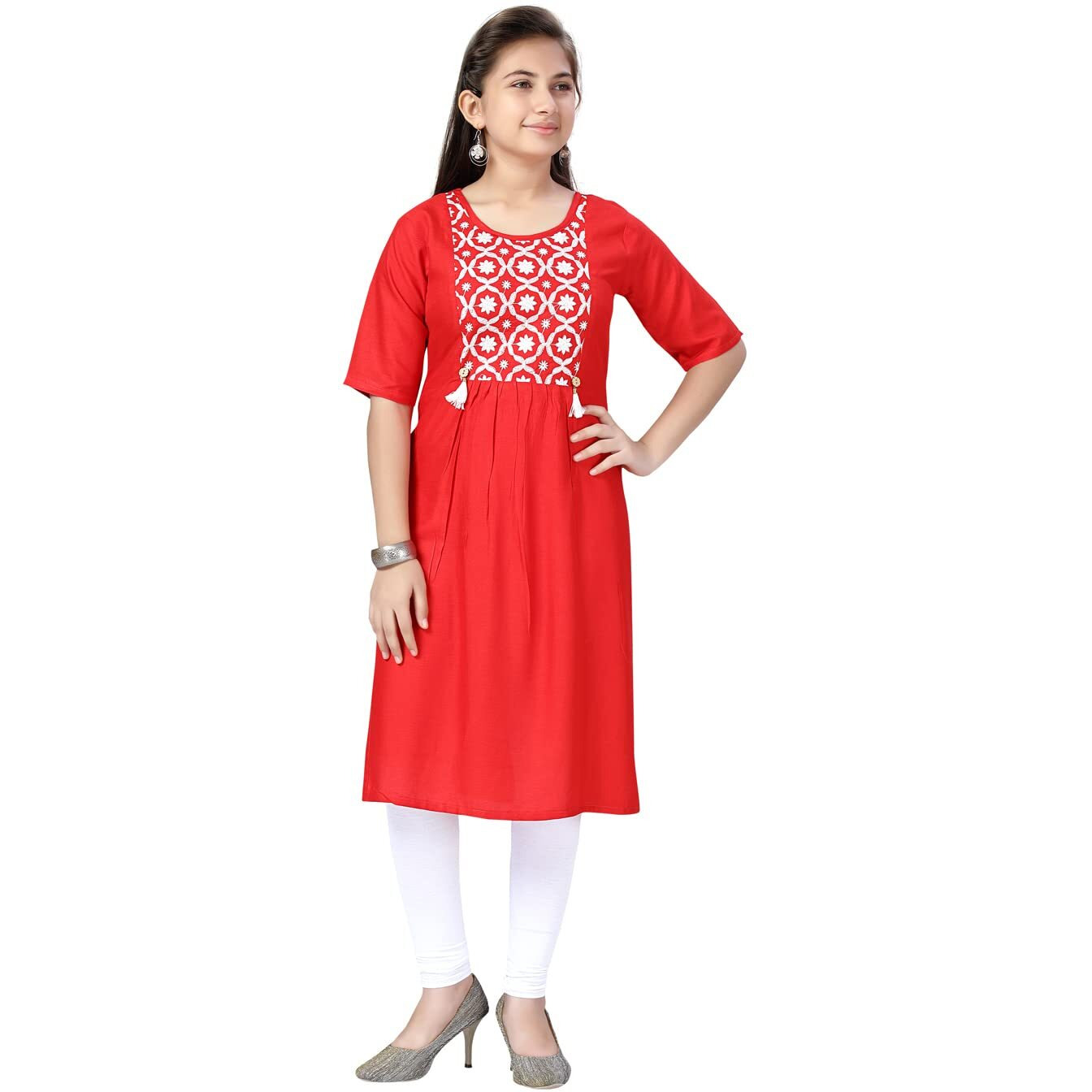 Aarika Girl's Cotton Kurti Legging Set (Kl-H-6_Red-White_38)