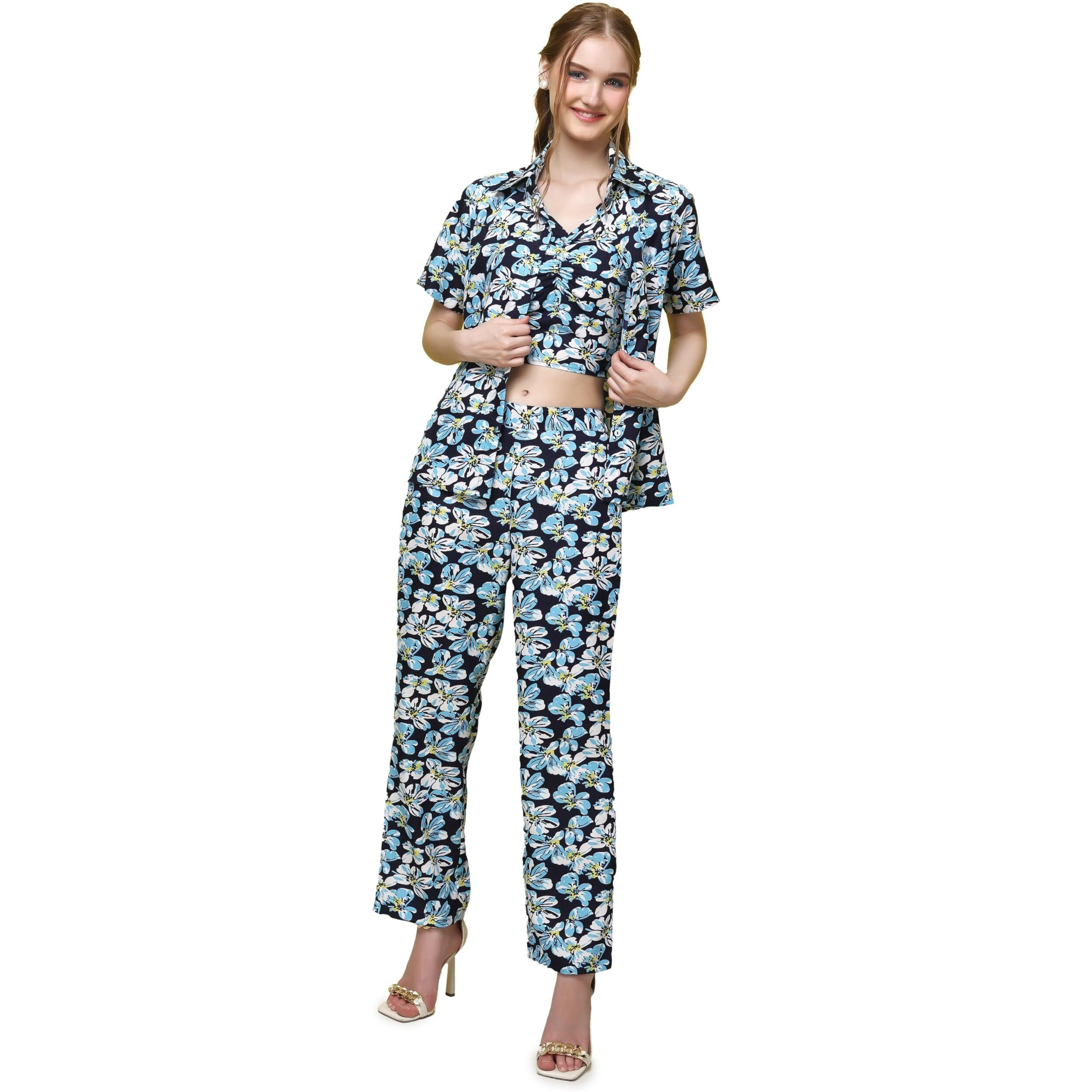 Popwings Casual Floral Printed 3-Piece Co-Ord Set For Women || Co-Ord Set For Women Western Summer Office Wear || Crop Top, Trouser And Shirt Set For Women Navy Blue