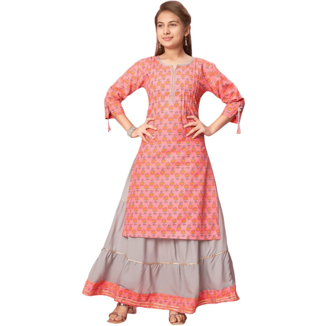 Aarika Girls Casual Wear Gajri Colour Cotton Floral Print Kurti (9-16 Years)