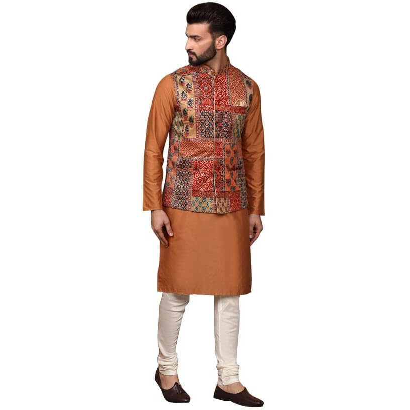 Kisah Mens Kurta Jacket Churidar Set, Printed Mandarin Silk Blend Collar Long Sleeves, Multi Ethnic Wear Set For Men, 44