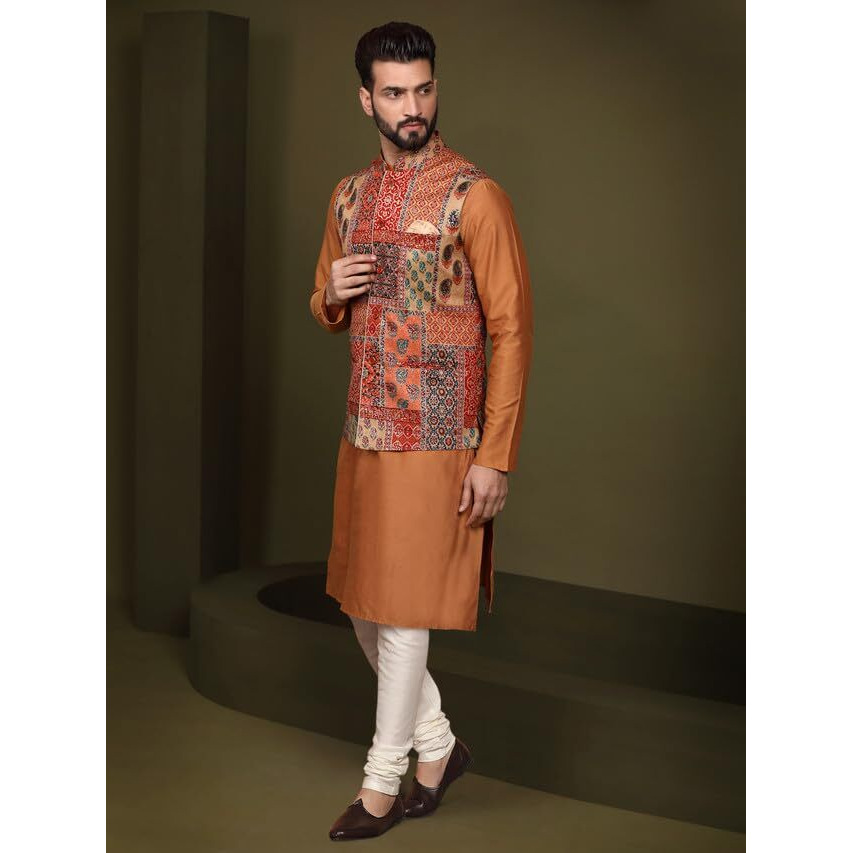 Kisah Mens Kurta Jacket Churidar Set, Printed Mandarin Silk Blend Collar Long Sleeves, Multi Ethnic Wear Set For Men, 44
