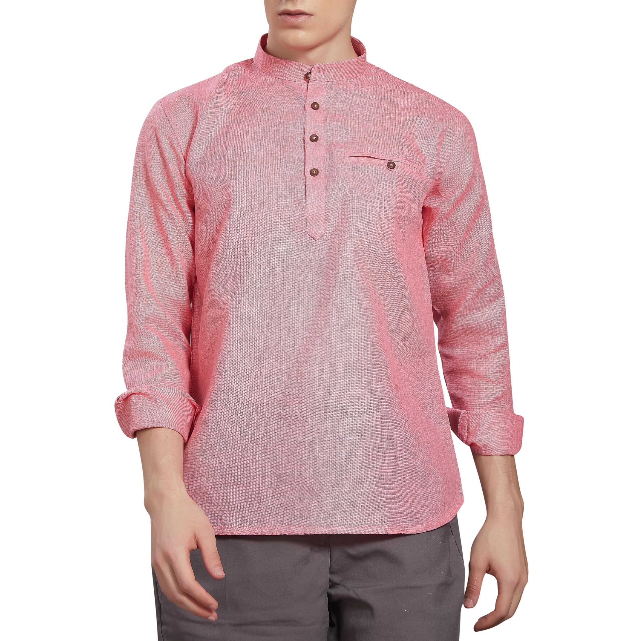 Divisive Men's Pure Cotton Linen Full Sleeves Ethnic Casual Relaxed Fit Short Kurta/Shirt (Dkrt504_Xxl_Pink)