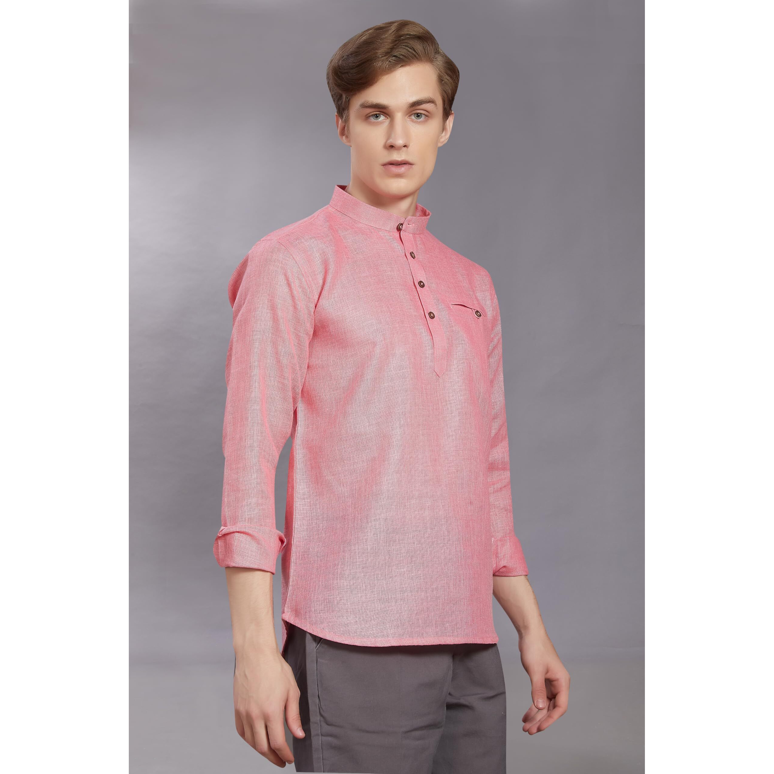 Divisive Men's Pure Cotton Linen Full Sleeves Ethnic Casual Relaxed Fit Short Kurta/Shirt (Dkrt504_Xxl_Pink)