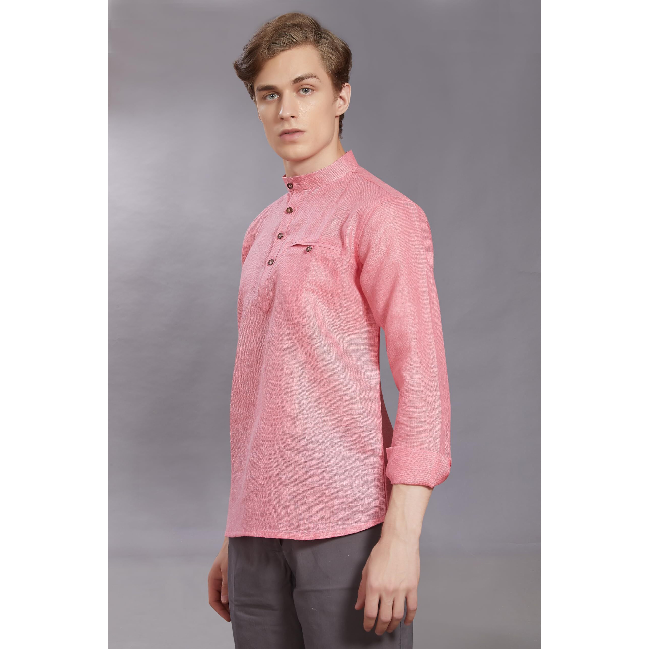 Divisive Men's Pure Cotton Linen Full Sleeves Ethnic Casual Relaxed Fit Short Kurta/Shirt (Dkrt504_Xxl_Pink)