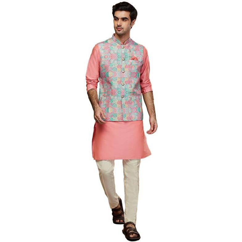 Kisah Men's Kurta Jacket Trouser Set, Multi Cotton Blend, Printed Mandarin Collar Regular Fit Full Sleeves|42