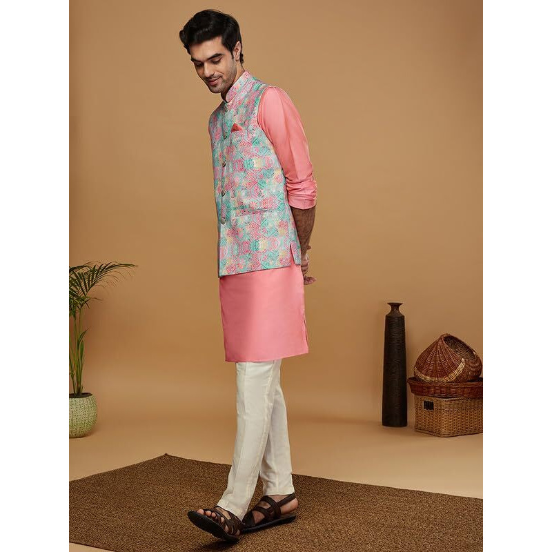 Kisah Men's Kurta Jacket Trouser Set, Multi Cotton Blend, Printed Mandarin Collar Regular Fit Full Sleeves|42