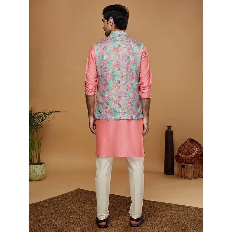 Kisah Men's Kurta Jacket Trouser Set, Multi Cotton Blend, Printed Mandarin Collar Regular Fit Full Sleeves|42
