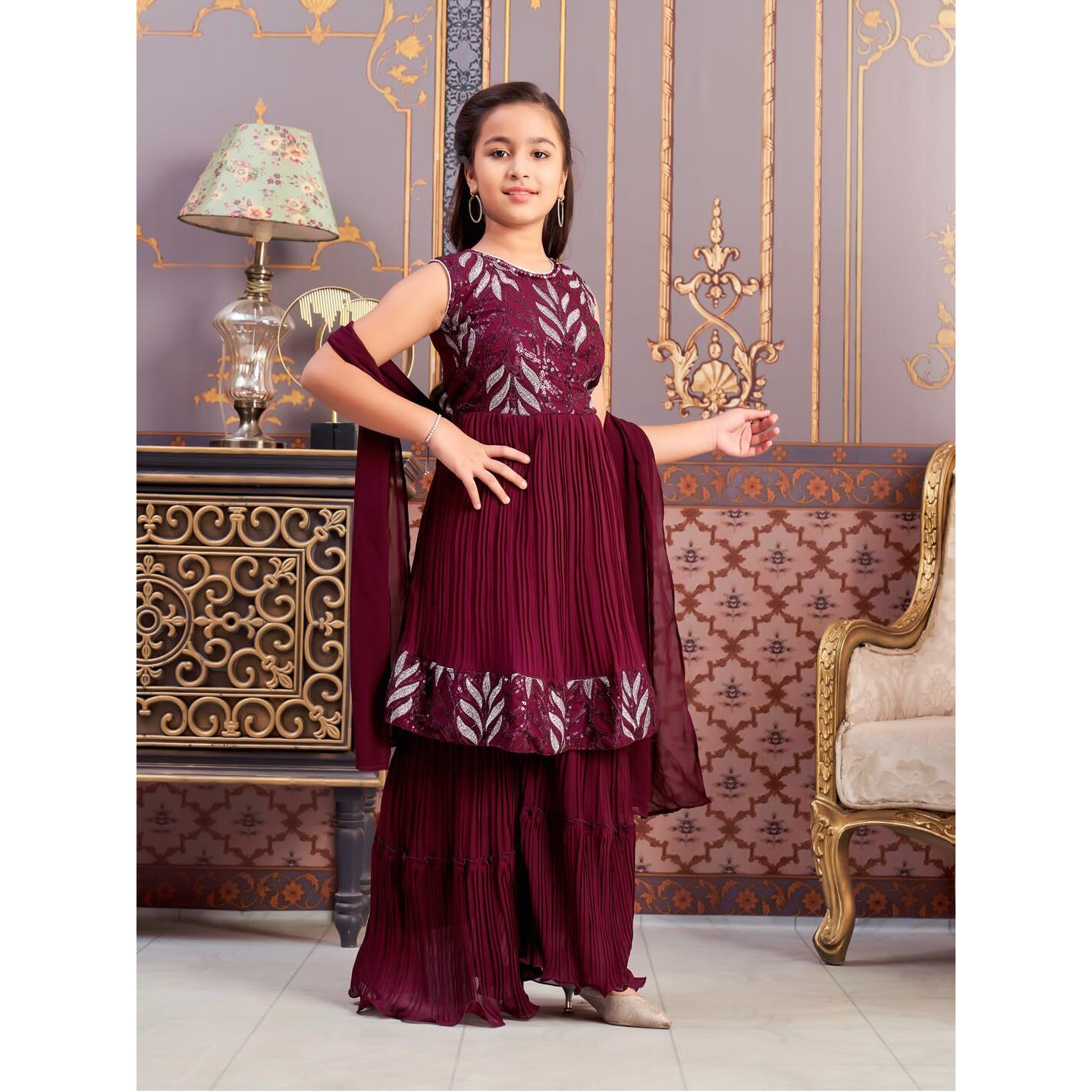 Aarika Girls Ethnic Wear Purple Colour Sequin Thread Embroidery Georgette Kurti Sharara Set (4-15 Years)