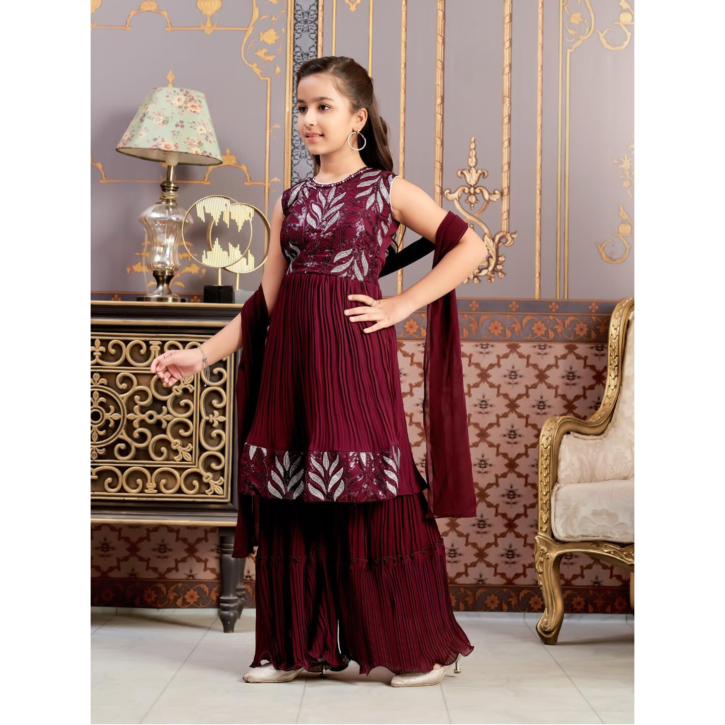 Aarika Girls Ethnic Wear Purple Colour Sequin Thread Embroidery Georgette Kurti Sharara Set (4-15 Years)