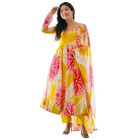 Fashion Basket Floral Print Anarkali Kurta With Pant And Dupatta (Yellow Pink, L)