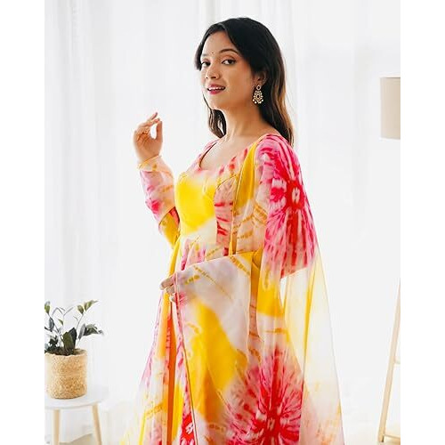 Fashion Basket Floral Print Anarkali Kurta With Pant And Dupatta (Yellow Pink, L)