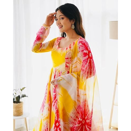 Fashion Basket Floral Print Anarkali Kurta With Pant And Dupatta (Yellow Pink, L)