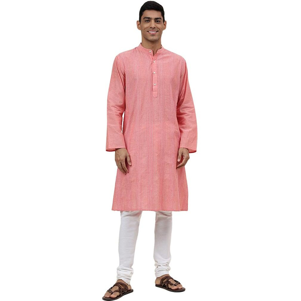 Fabindia Men's Cotton Self Design Relaxed Kurta (1030806Coral_Pink