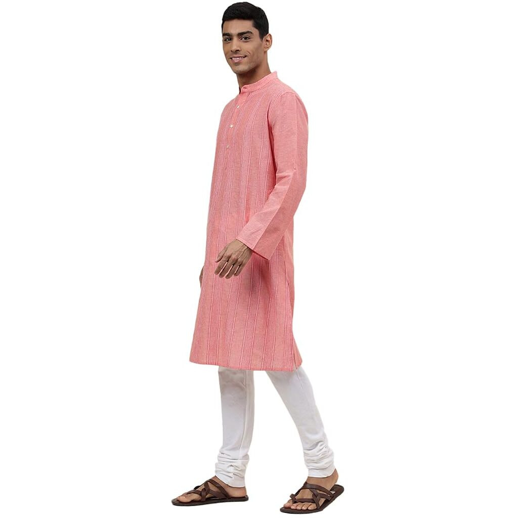 Fabindia Men's Cotton Self Design Relaxed Kurta (1030806Coral_Pink