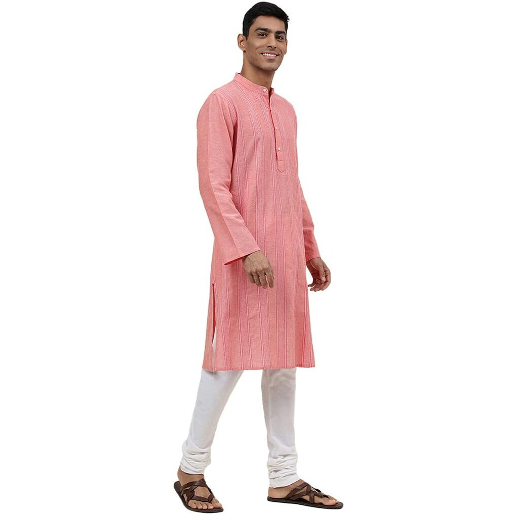 Fabindia Men's Cotton Self Design Relaxed Kurta (1030806Coral_Pink