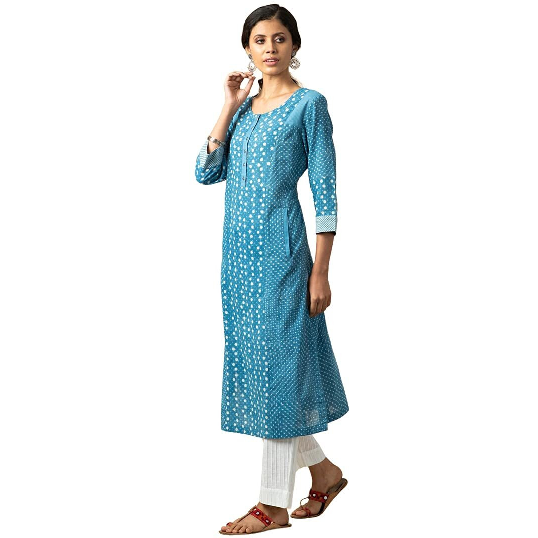 Fabindia Women Slub Printed Long Kurta Cotton_Xs Indigo